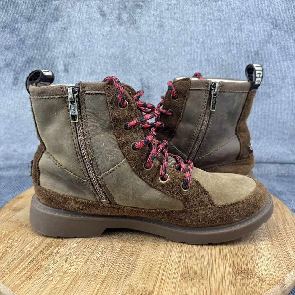 UGG Boots Youth Size 4 Brown Leather Suede Lace Up Side Zip Shearling Lined
